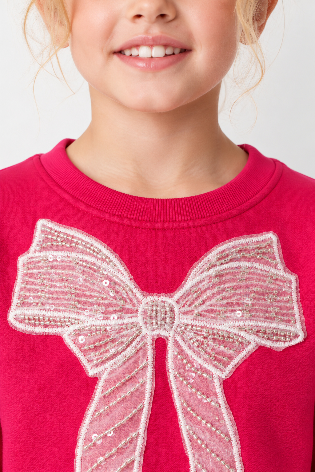 Junior Girls Hot Pink German Velvet Regular Fit Bow Embellished Sweatshirt