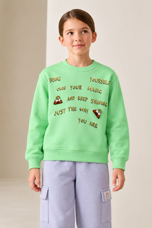 Junior Girls Regular Fit Cotton Brushed Fleece Graphic Sweatshirt – Neon Mint