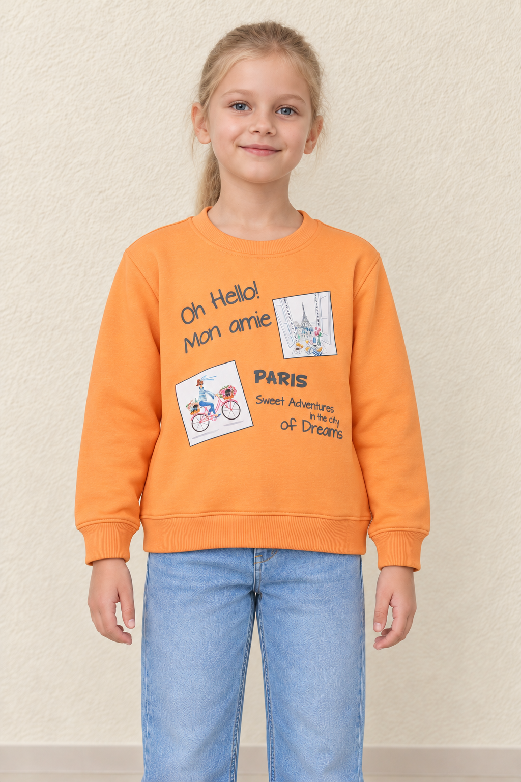 Girls Orange Paris Graphic Sweatshirt | Knitted Brushed Cotton Fleece Crew Neck