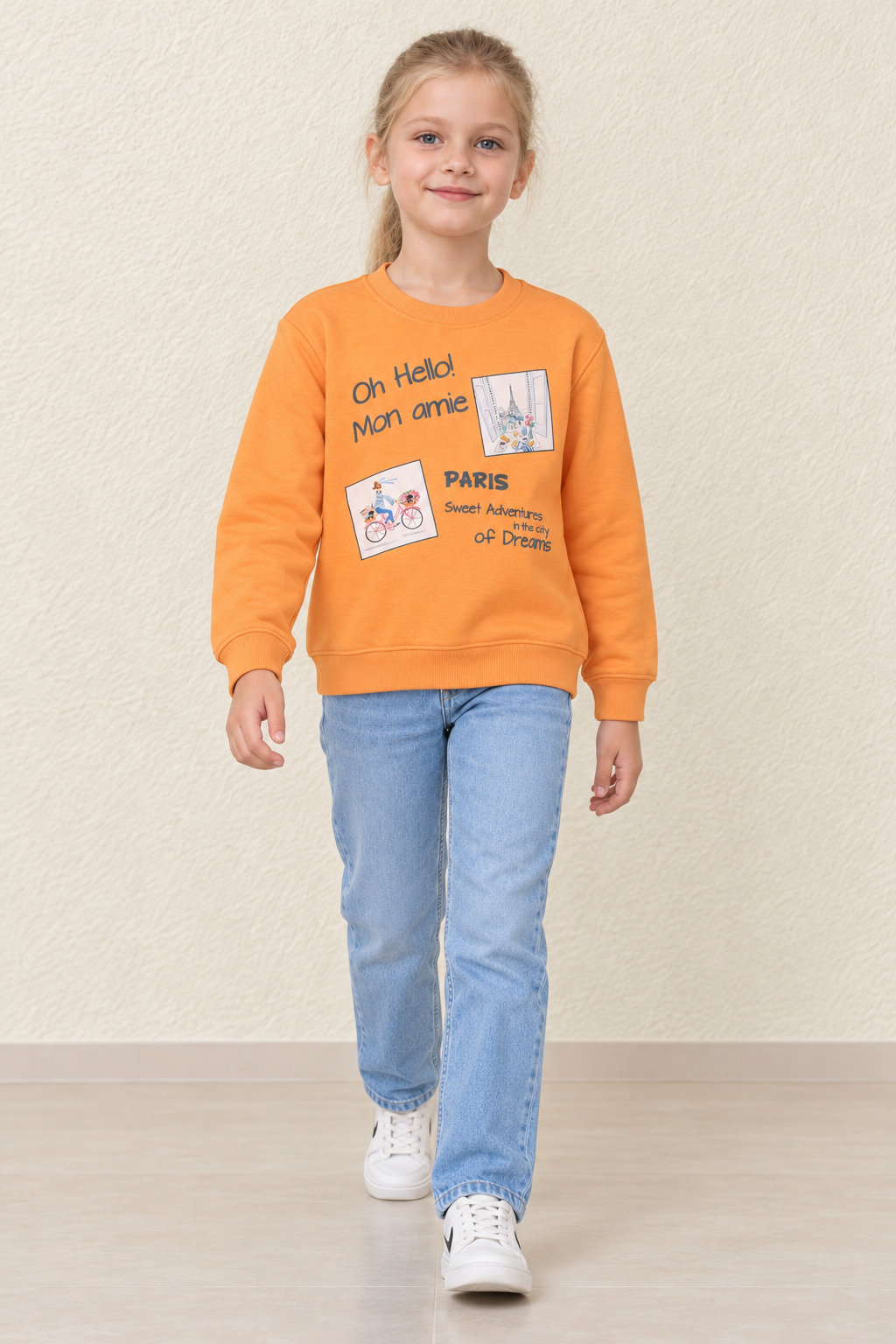 Girls Orange Paris Graphic Sweatshirt | Knitted Brushed Cotton Fleece Crew Neck