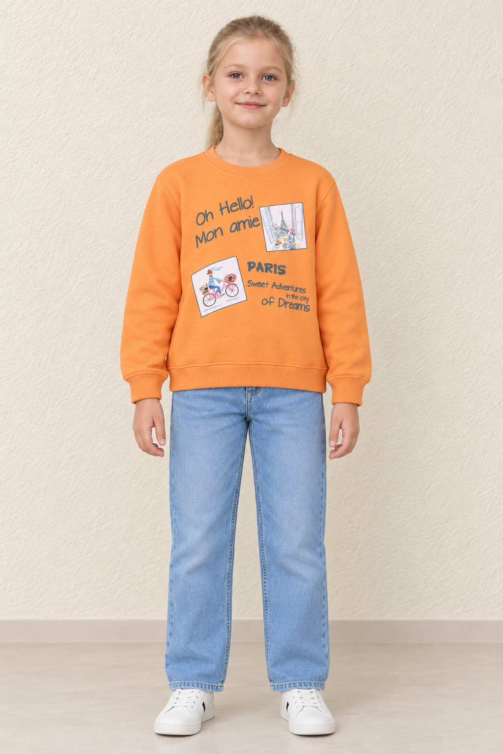 Girls Orange Paris Graphic Sweatshirt | Knitted Brushed Cotton Fleece Crew Neck