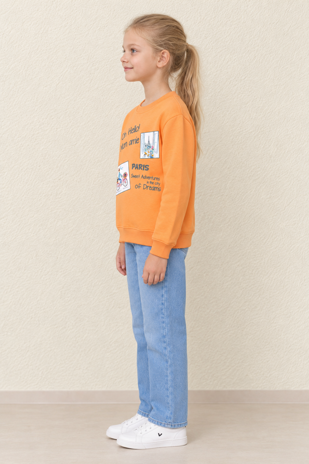 Girls Orange Paris Graphic Sweatshirt | Knitted Brushed Cotton Fleece Crew Neck
