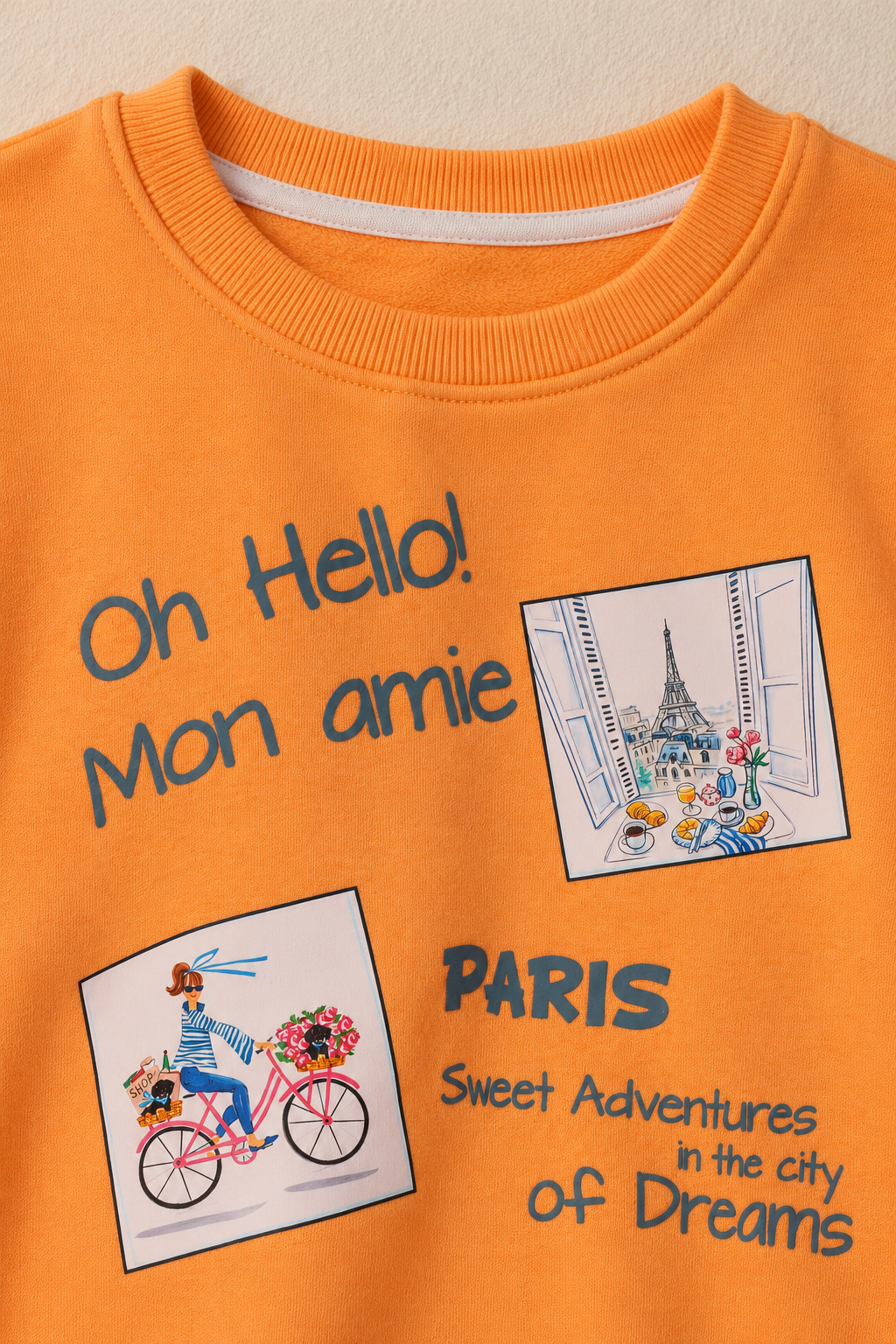 Girls Orange Paris Graphic Sweatshirt | Knitted Brushed Cotton Fleece Crew Neck