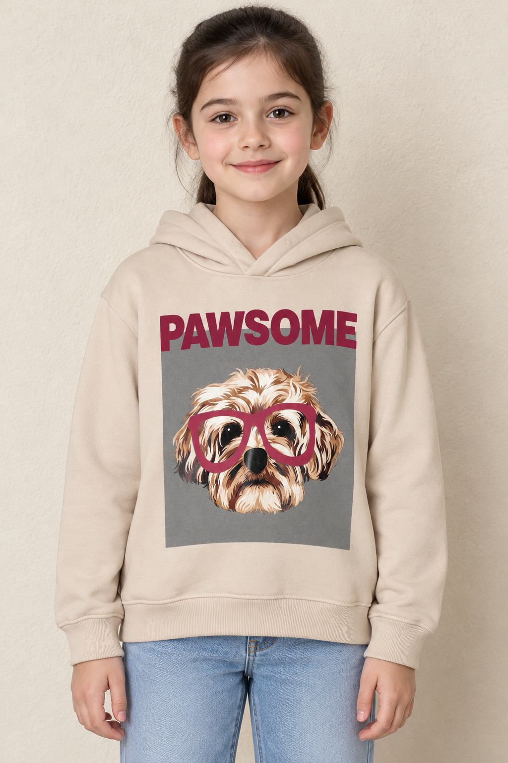 Girls Arona PAWSOME Dog Print Hoodie | Knitted Brushed Cotton Fleece Sweatshirt