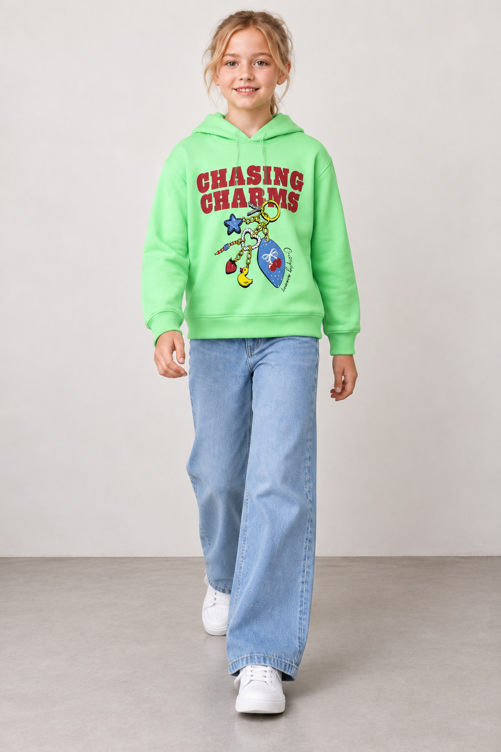 Junior Girls Neon Mint Brushed Cotton Fleece Graphic Hooded Sweatshirt – Regular Fit