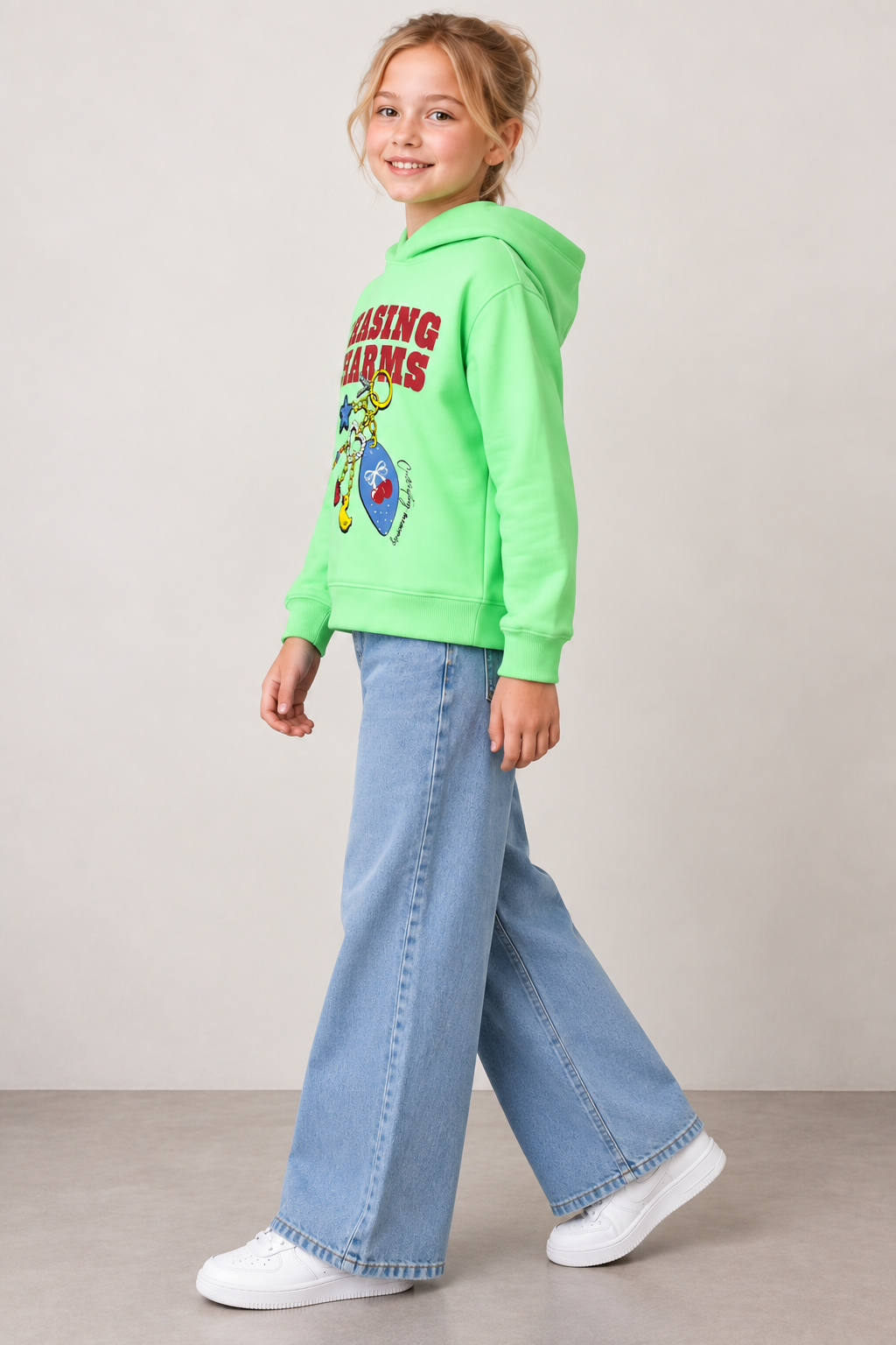 Junior Girls Neon Mint Brushed Cotton Fleece Graphic Hooded Sweatshirt – Regular Fit