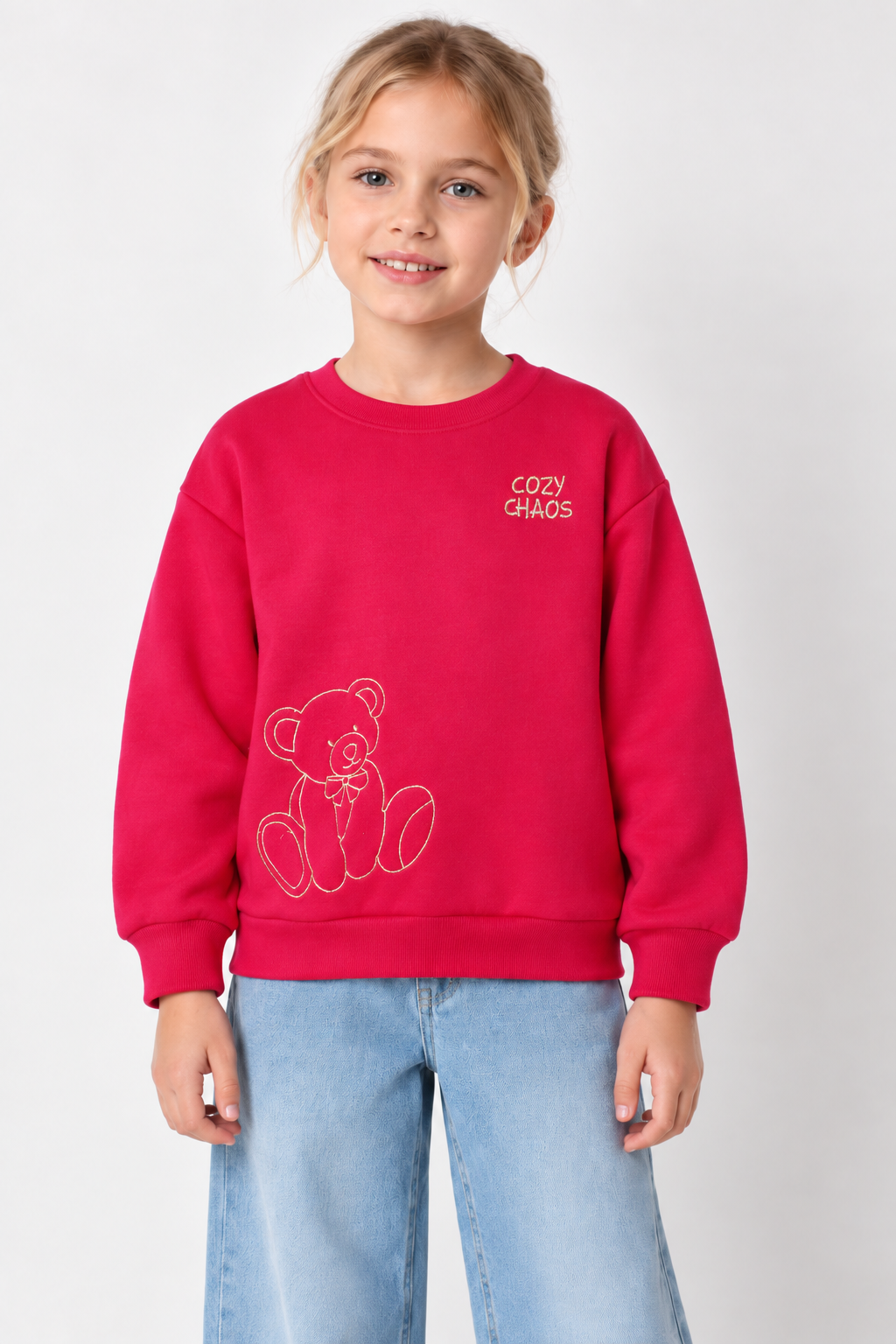 Junior Girls Hot Pink German Velvet Embroidered Sweatshirt – Regular Fit