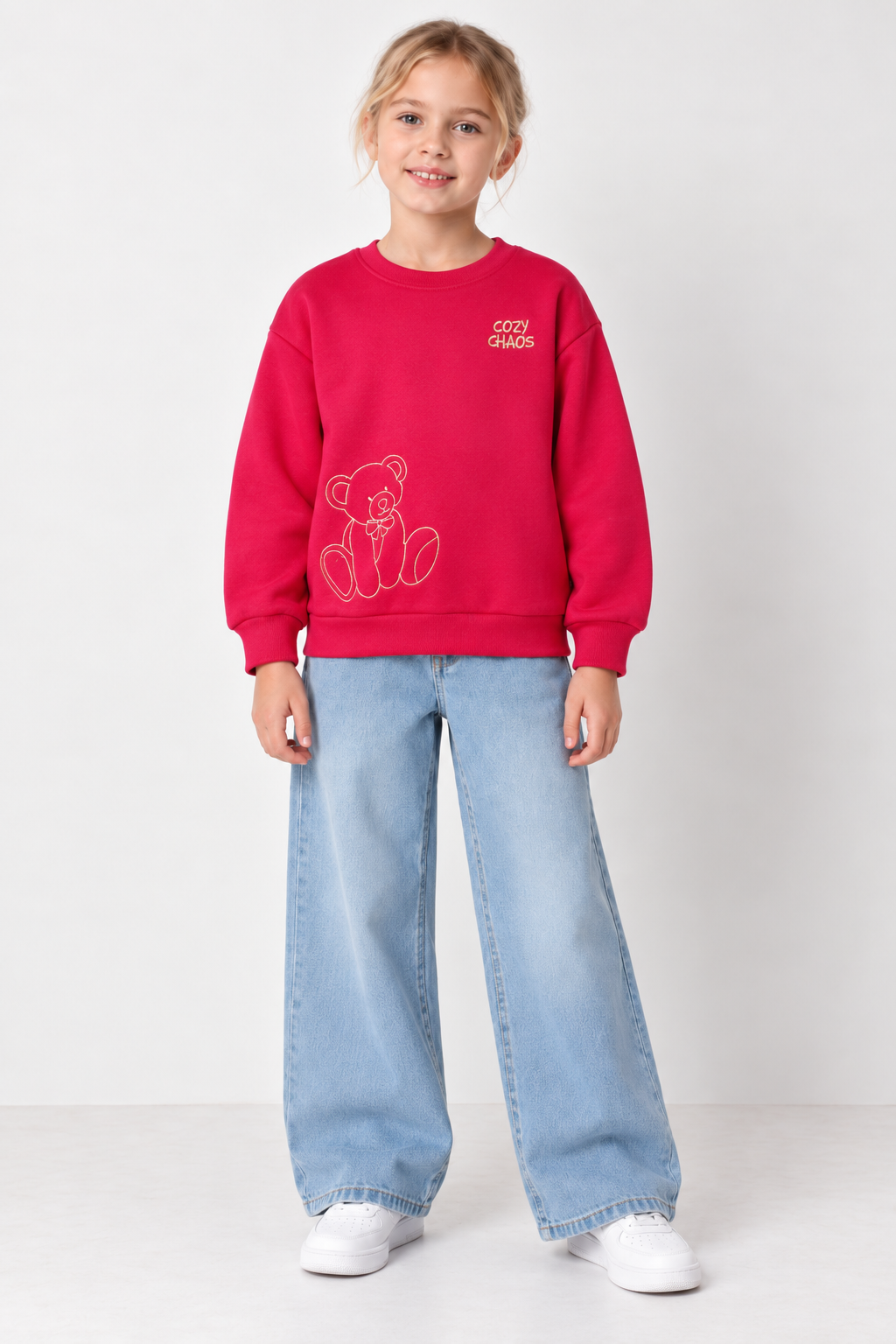 Junior Girls Hot Pink German Velvet Embroidered Sweatshirt – Regular Fit