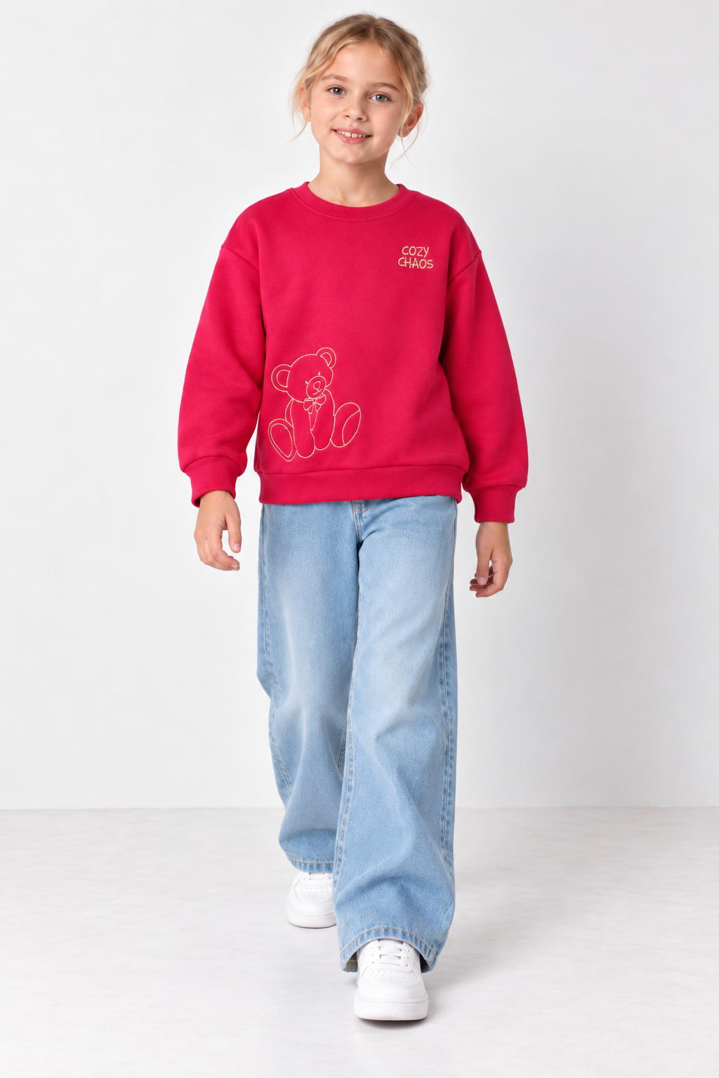 Junior Girls Hot Pink German Velvet Embroidered Sweatshirt – Regular Fit