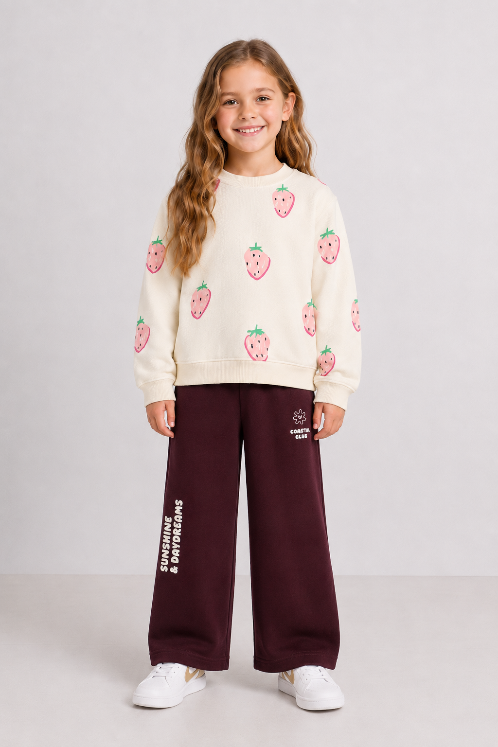 Junior Girls Barely Pink Cotton Fleece Sweatshirt – Strawberry Print Regular Fit