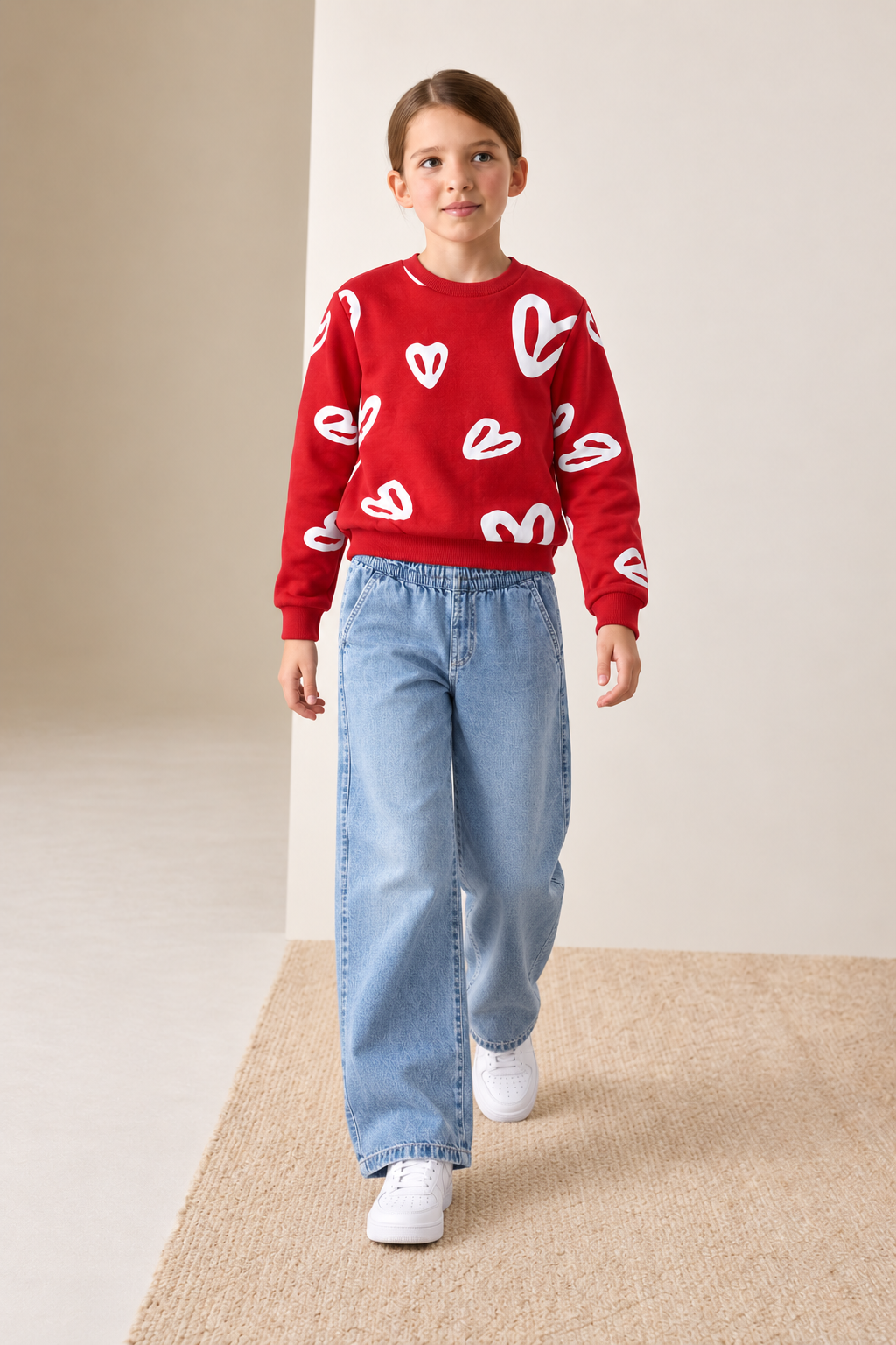Junior Girls Brick Heart Print Brushed Cotton Fleece Sweatshirt – Regular Fit