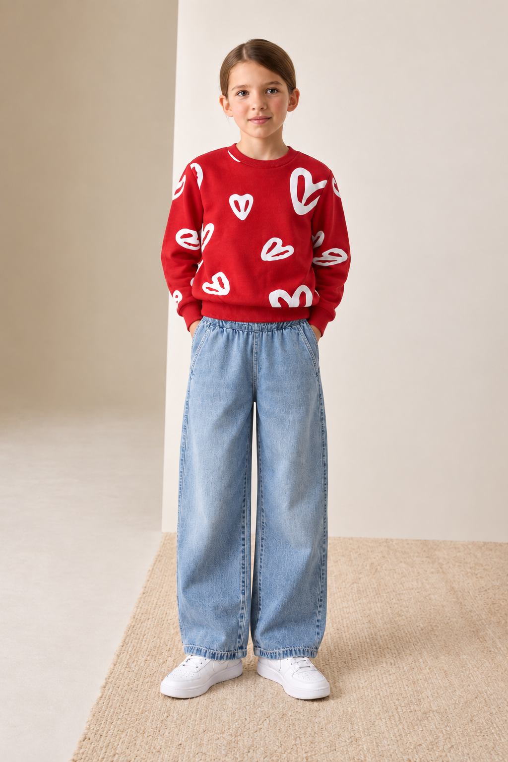 Junior Girls Brick Heart Print Brushed Cotton Fleece Sweatshirt – Regular Fit