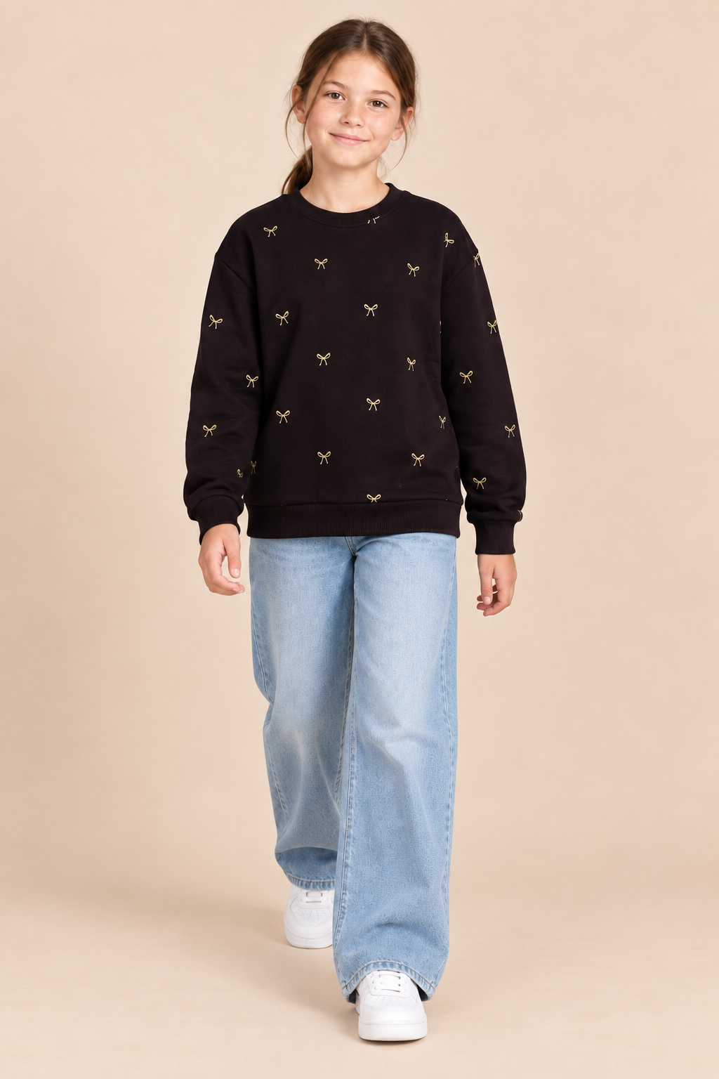 Junior Girls Wine Bow Print Brushed Cotton Fleece Sweatshirt – Regular Fit