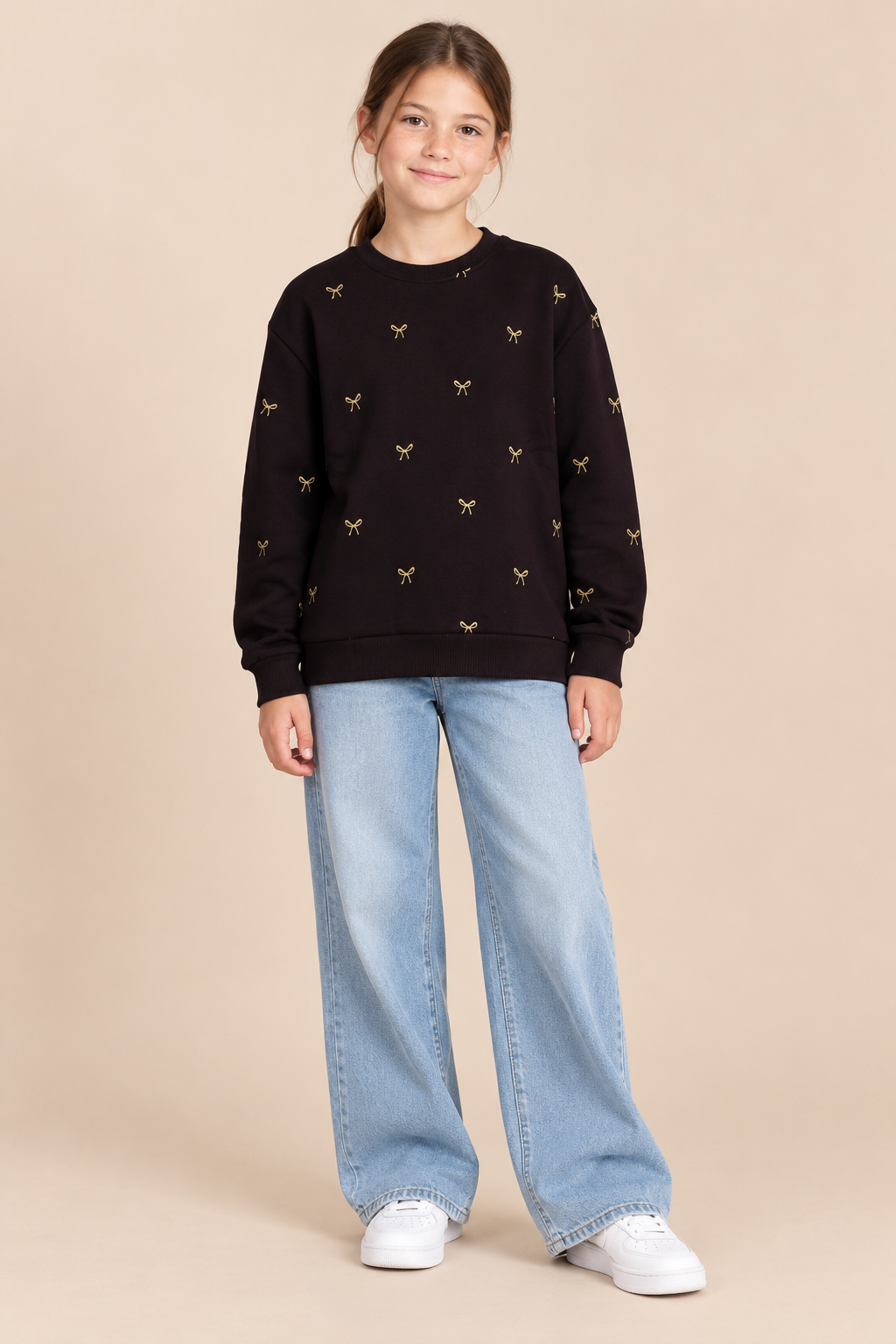 Junior Girls Wine Bow Print Brushed Cotton Fleece Sweatshirt – Regular Fit