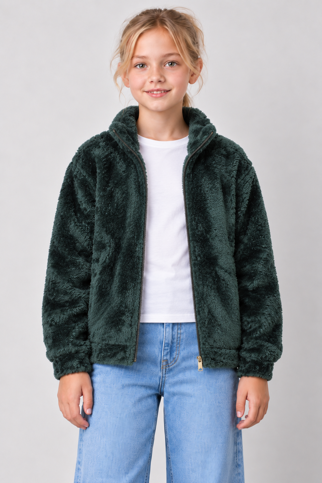 Junior Girls Hunter Green Coral Fur Full-Zip Sweatshirt – Regular Fit