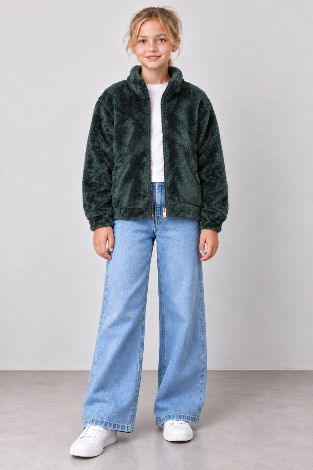Junior Girls Hunter Green Coral Fur Full-Zip Sweatshirt – Regular Fit