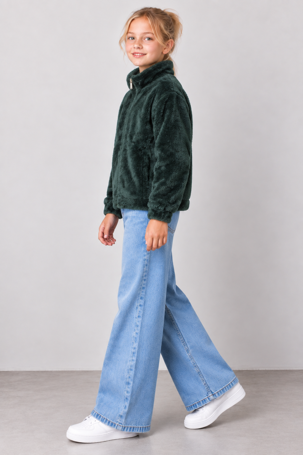 Junior Girls Hunter Green Coral Fur Full-Zip Sweatshirt – Regular Fit