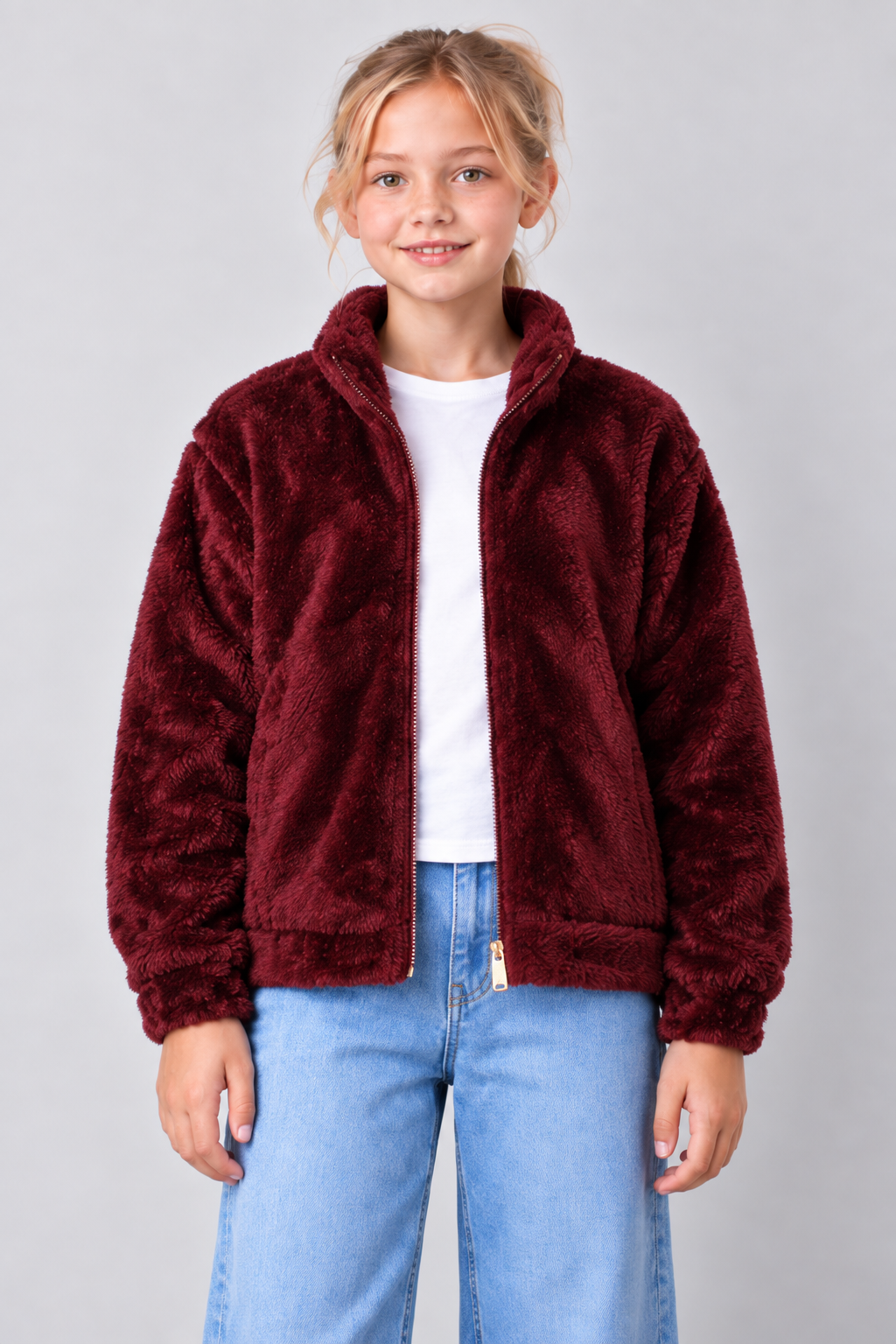 Junior Girls Merlot Coral Fur Full-Zip Sweatshirt – Regular Fit