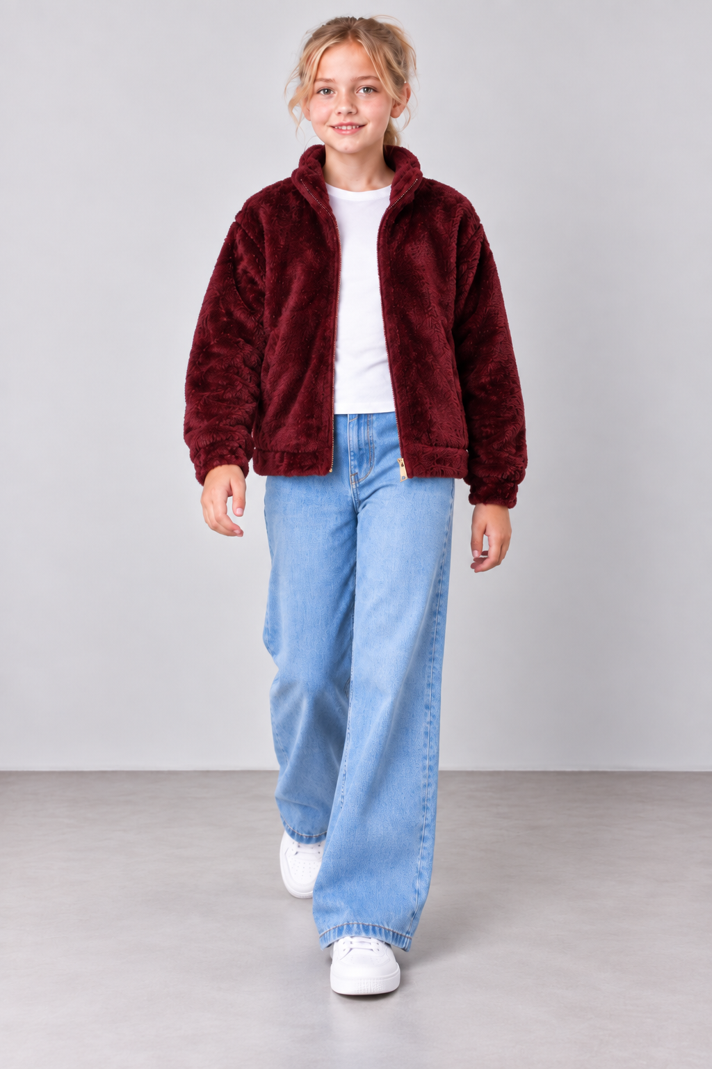 Junior Girls Merlot Coral Fur Full-Zip Sweatshirt – Regular Fit
