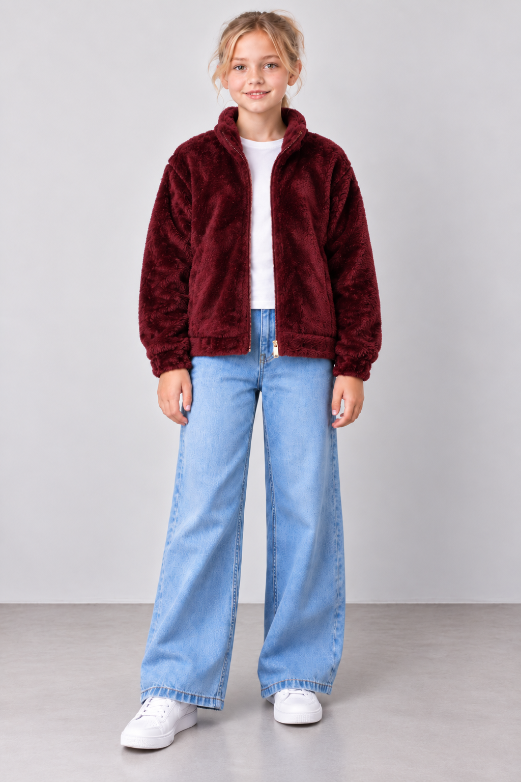 Junior Girls Merlot Coral Fur Full-Zip Sweatshirt – Regular Fit