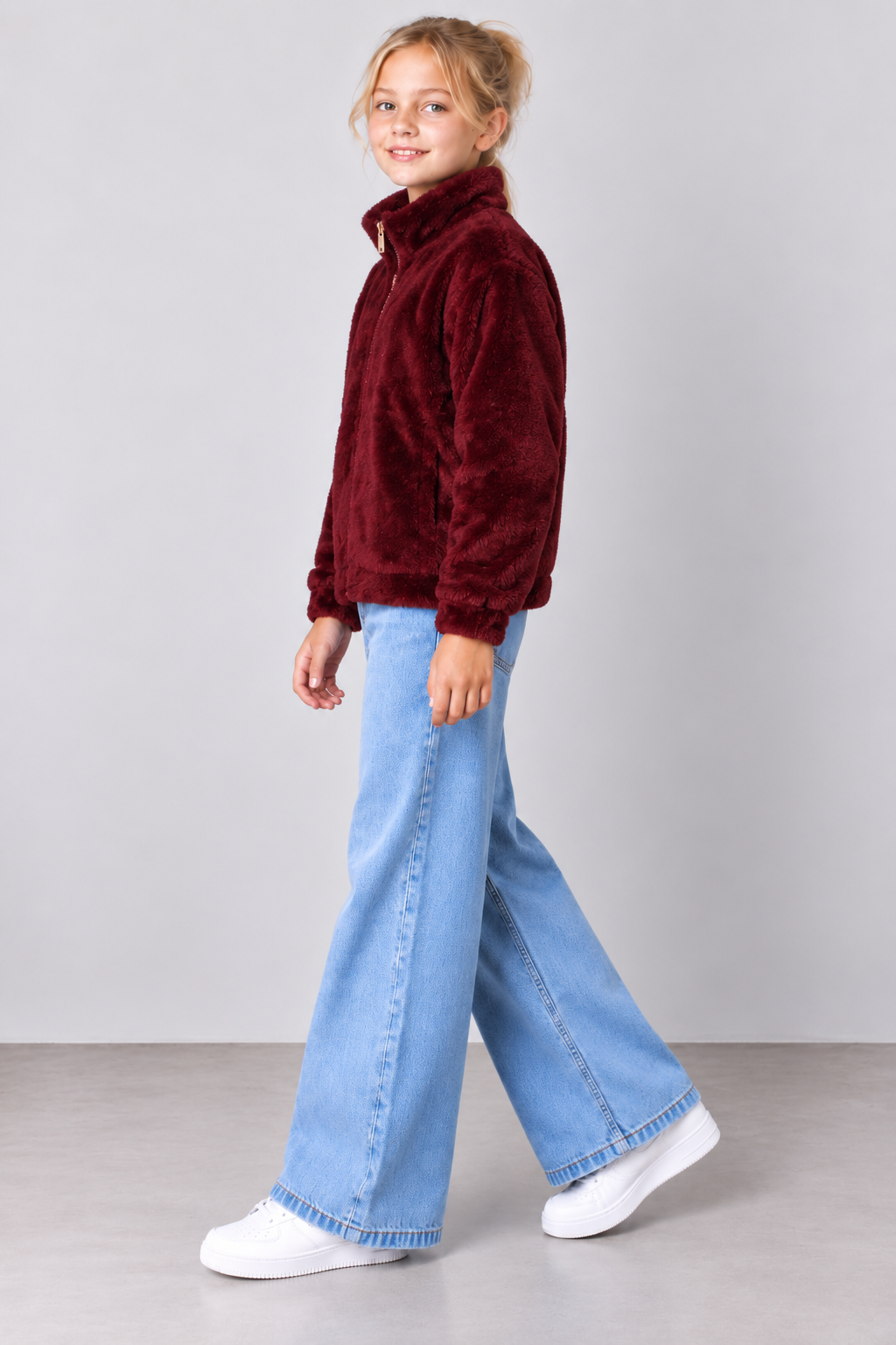 Junior Girls Merlot Coral Fur Full-Zip Sweatshirt – Regular Fit