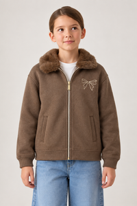 Junior Girls Regular Fit German Velvet Zip-Up Sweatshirt – Brown Melange