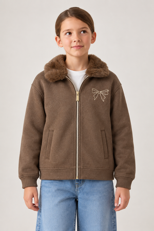 Junior Girls Regular Fit German Velvet Zip-Up Sweatshirt – Brown Melange