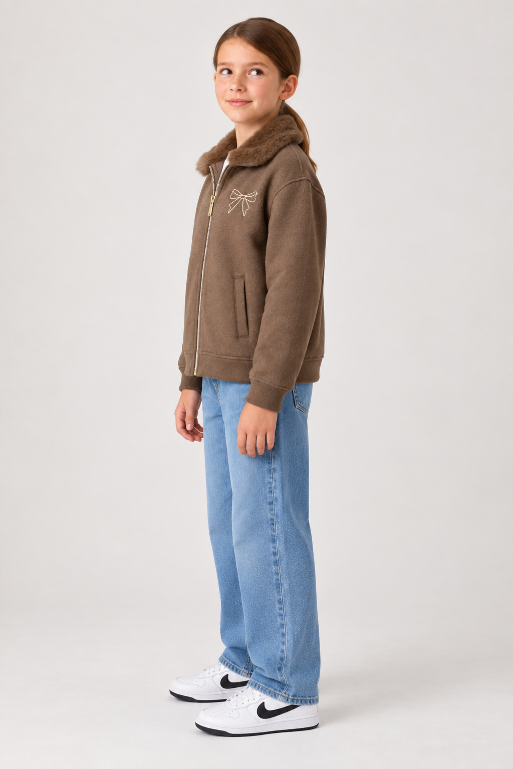 Junior Girls Regular Fit German Velvet Zip-Up Sweatshirt – Brown Melange