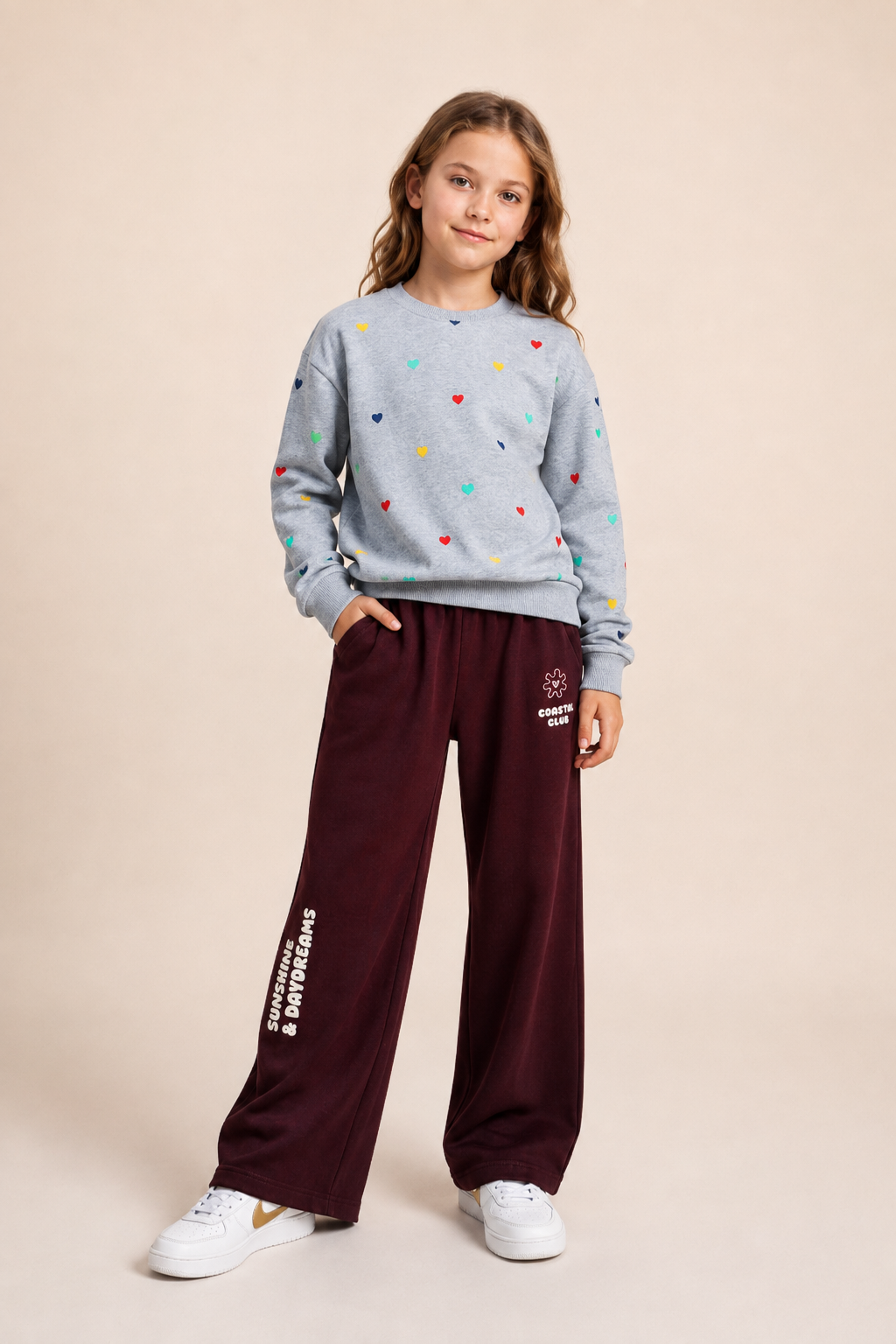 Junior Girls Grey Melange Cotton Fleece Sweatshirt – Multicolour Heart Print Regular Fit