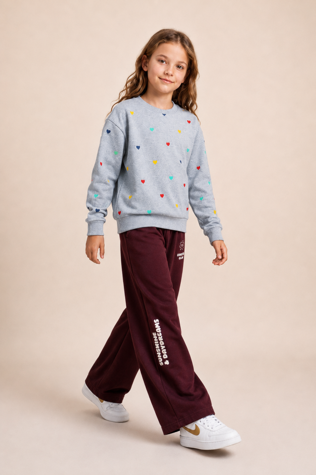 Junior Girls Grey Melange Cotton Fleece Sweatshirt – Multicolour Heart Print Regular Fit