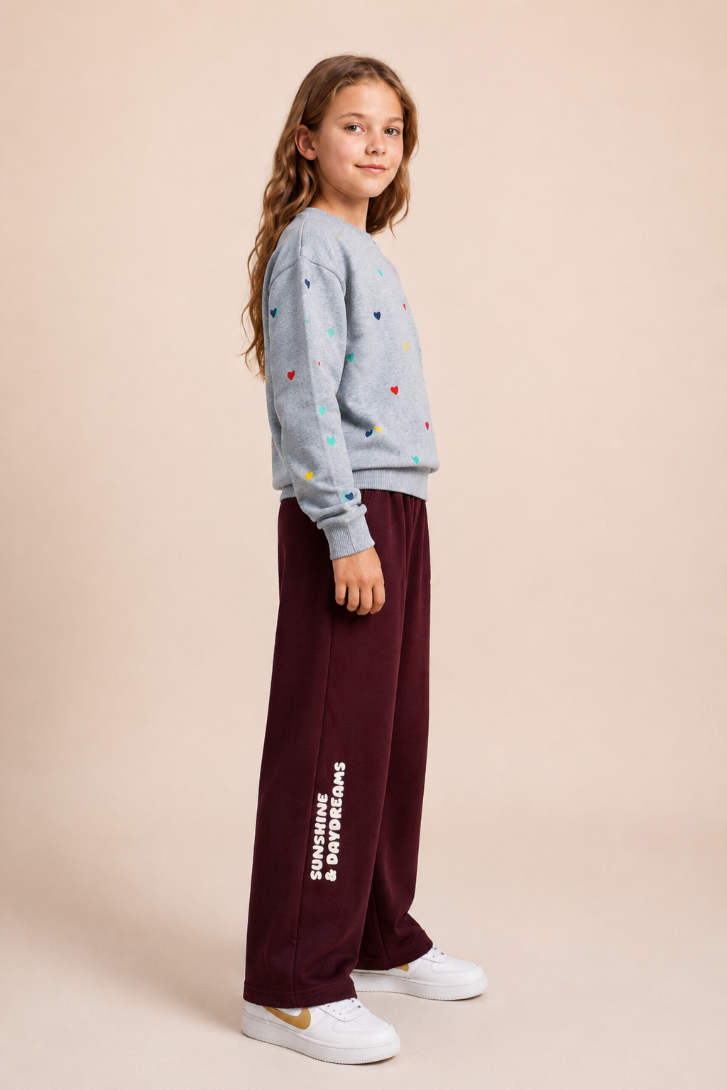 Junior Girls Grey Melange Cotton Fleece Sweatshirt – Multicolour Heart Print Regular Fit