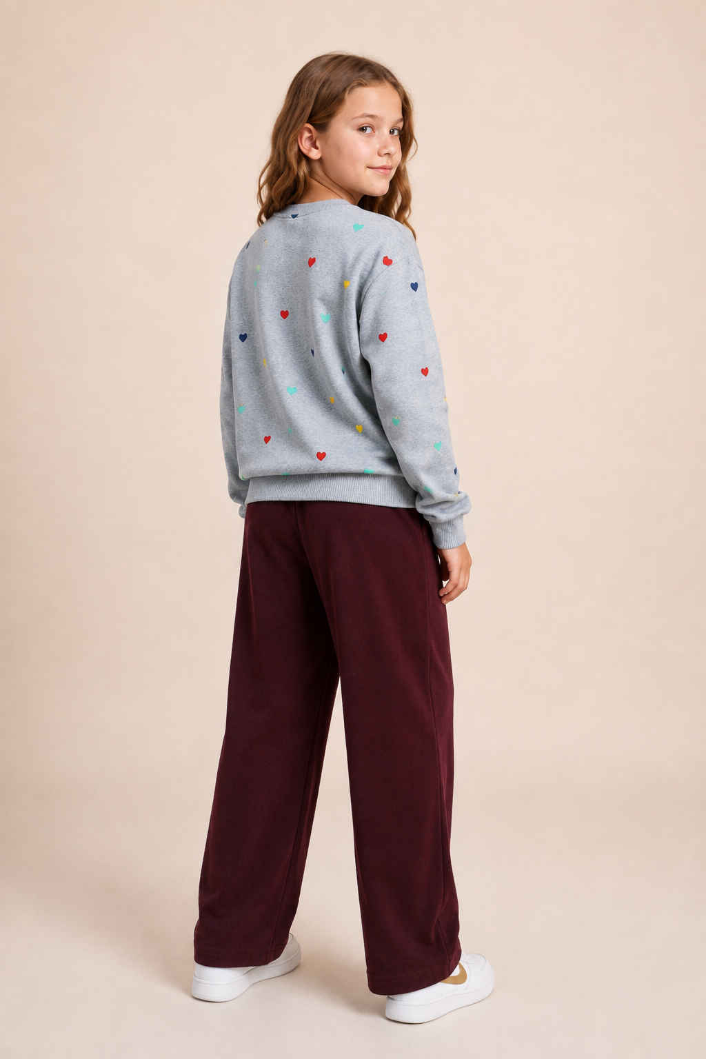 Junior Girls Grey Melange Cotton Fleece Sweatshirt – Multicolour Heart Print Regular Fit