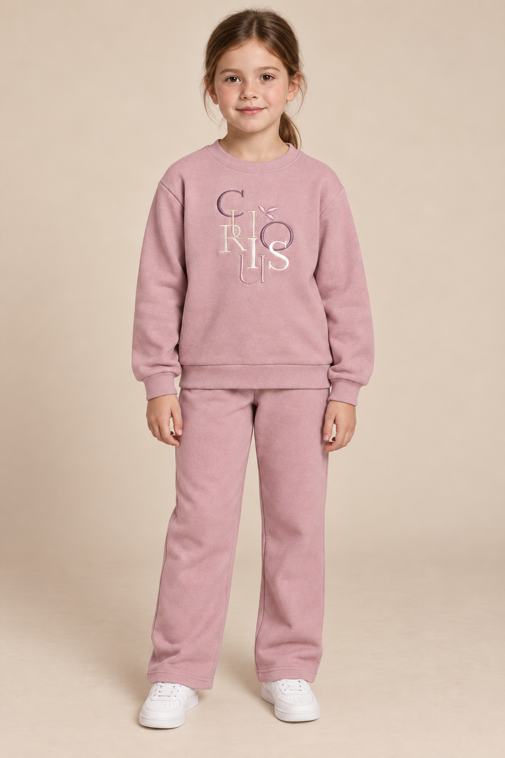 Junior Girls’ Suede Pink Embroidered Tracksuit | Regular Fit