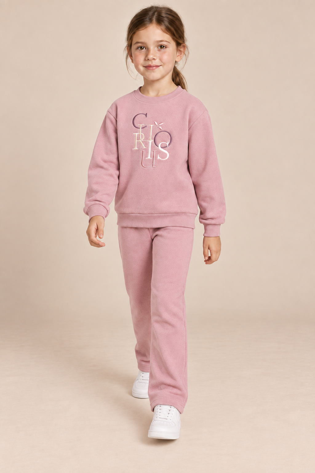 Junior Girls’ Suede Pink Embroidered Tracksuit | Regular Fit