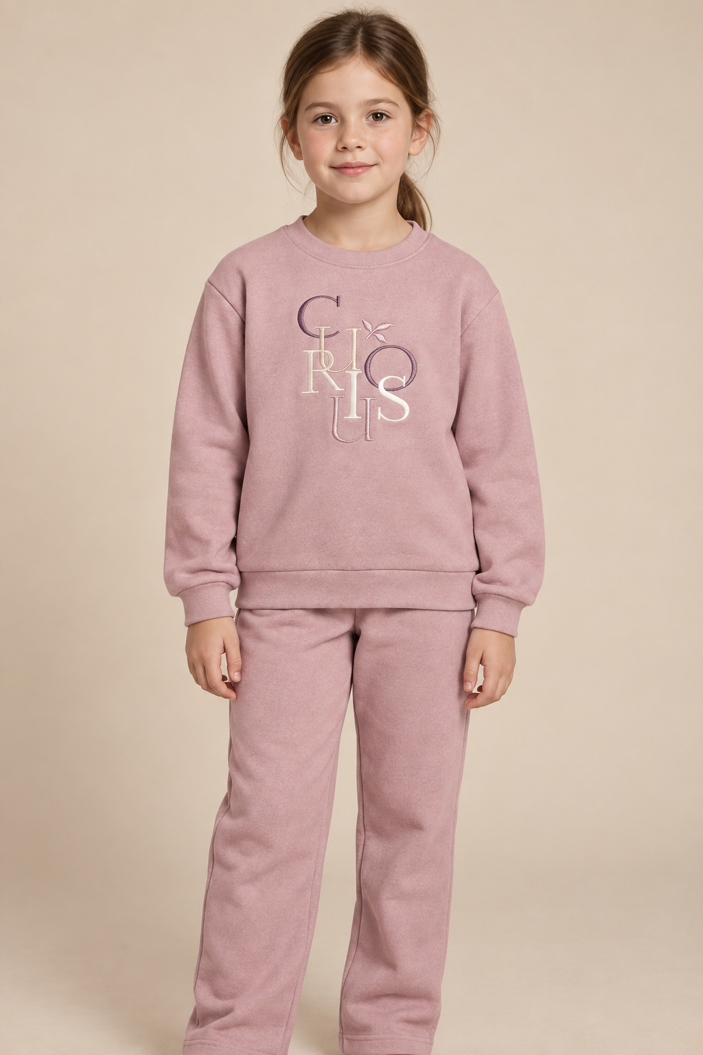 Junior Girls’ Suede Pink Embroidered Tracksuit | Regular Fit