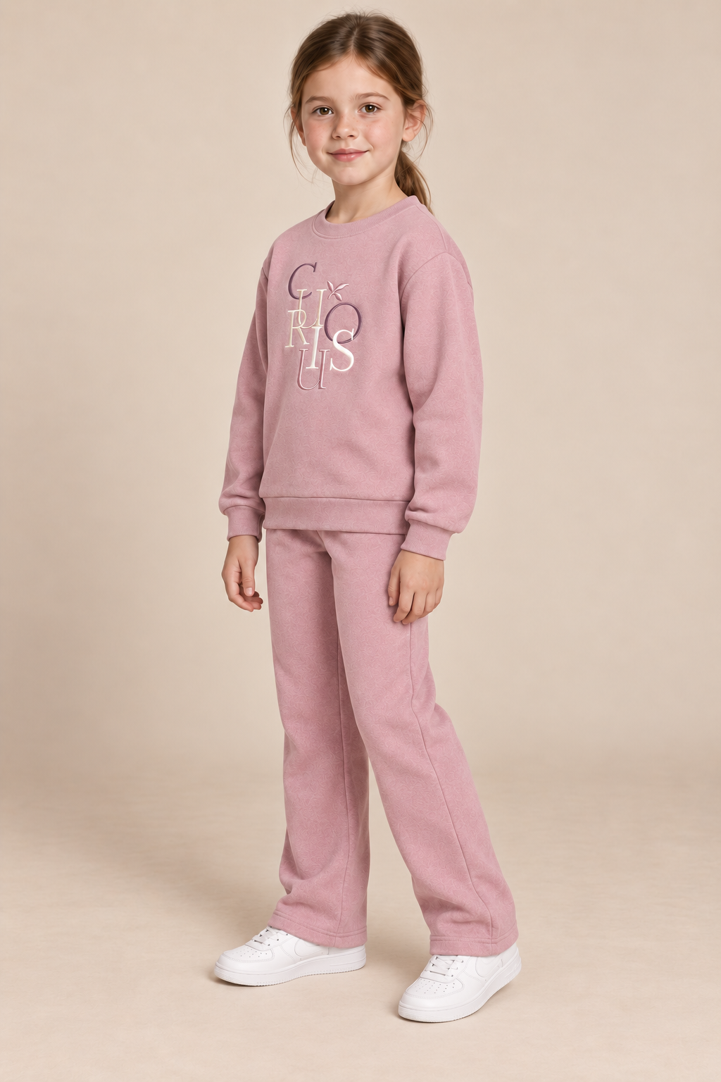 Junior Girls’ Suede Pink Embroidered Tracksuit | Regular Fit