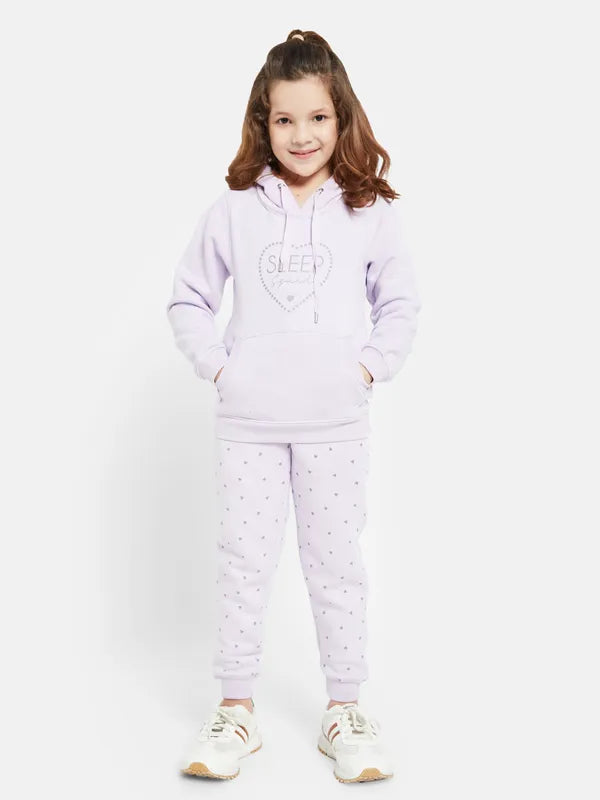 Mettle Girls Typography Printed Hooded Fleece Tracksuit