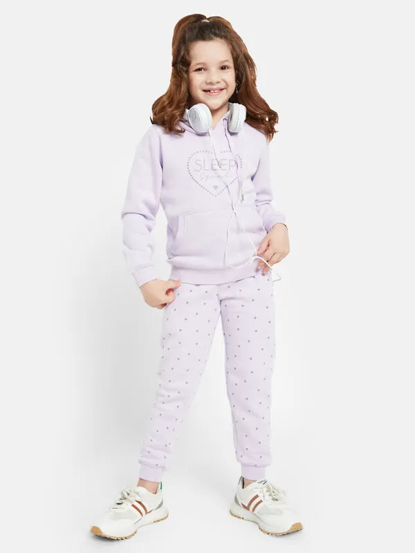 Mettle Girls Typography Printed Hooded Fleece Tracksuit