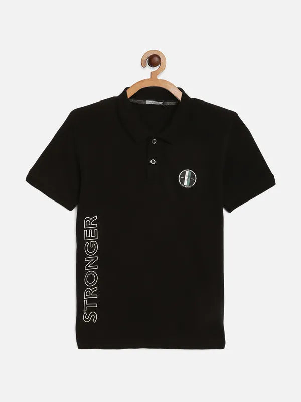 Octave Boys Black Typography Printed Polo Collar Cotton T-Shirt