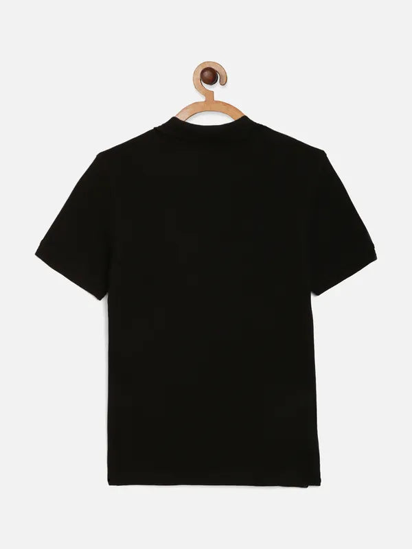 Octave Boys Black Typography Printed Polo Collar Cotton T-Shirt