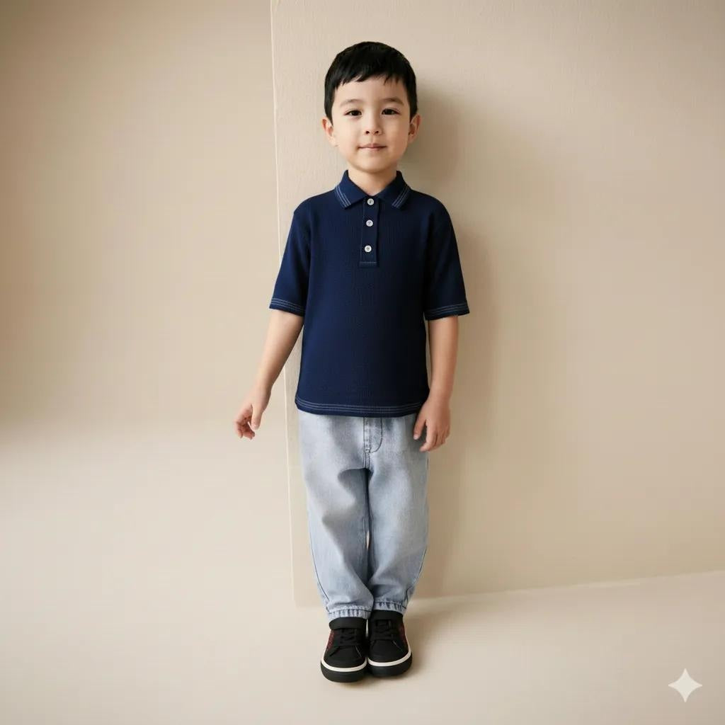 Boy Dark Navy Solid Polo Neck T-Shirt