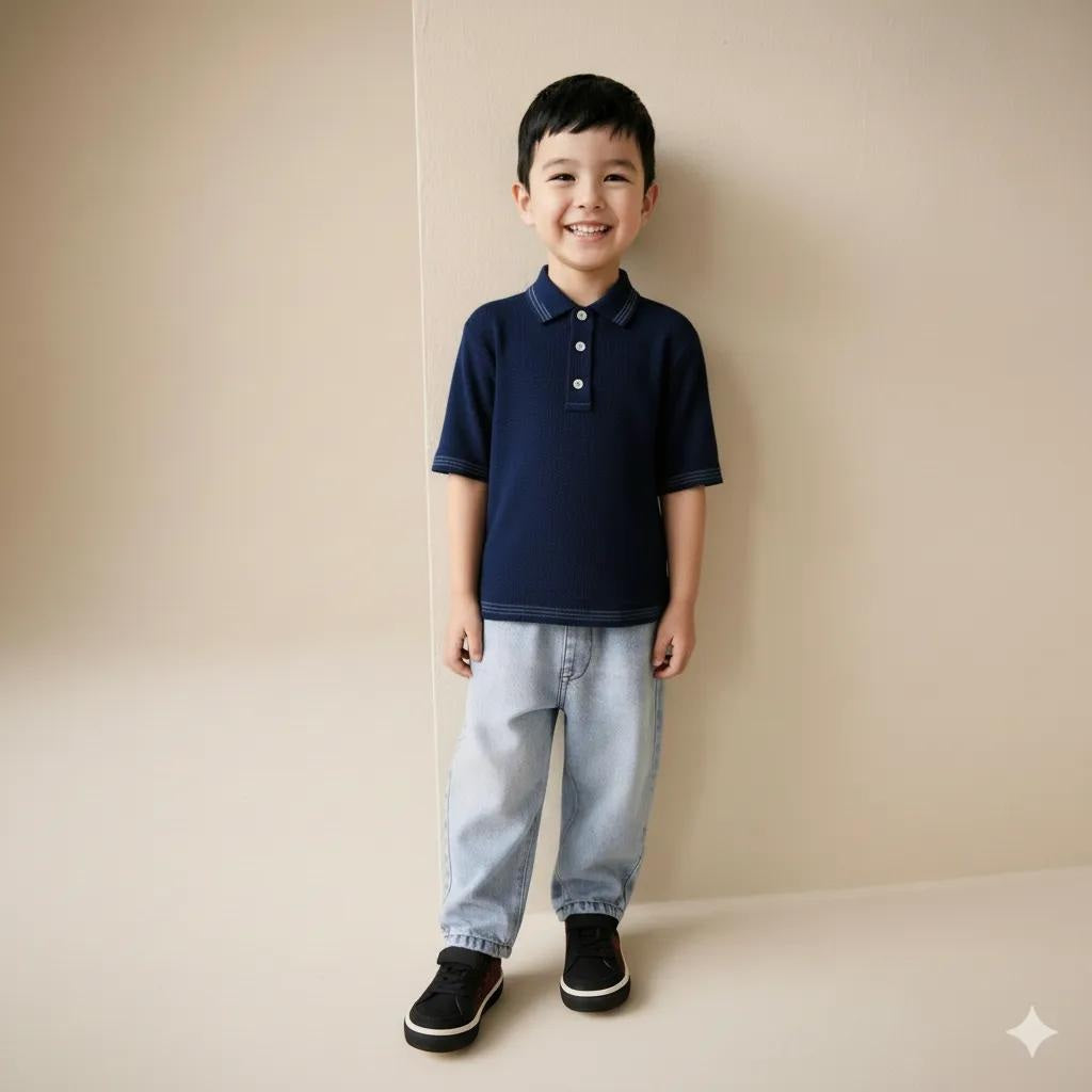Boy Dark Navy Solid Polo Neck T-Shirt