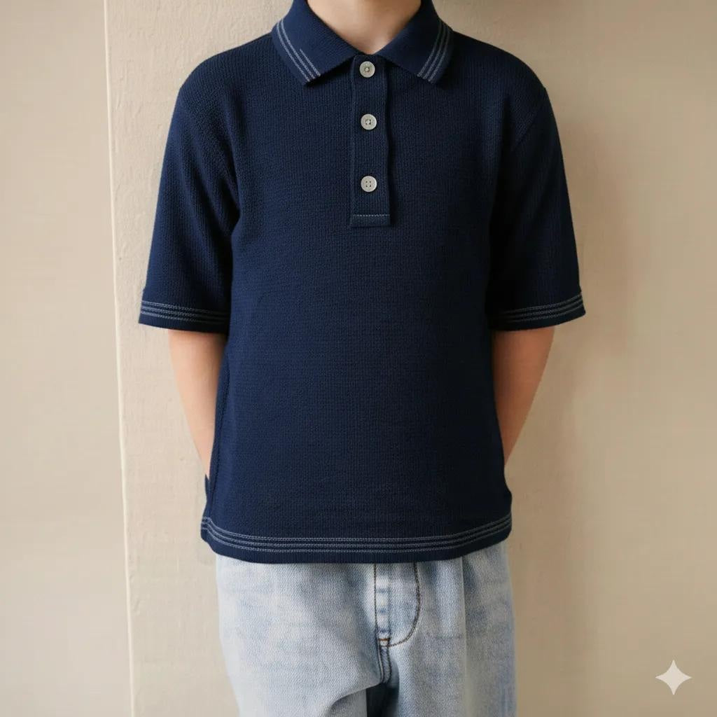 Boy Dark Navy Solid Polo Neck T-Shirt