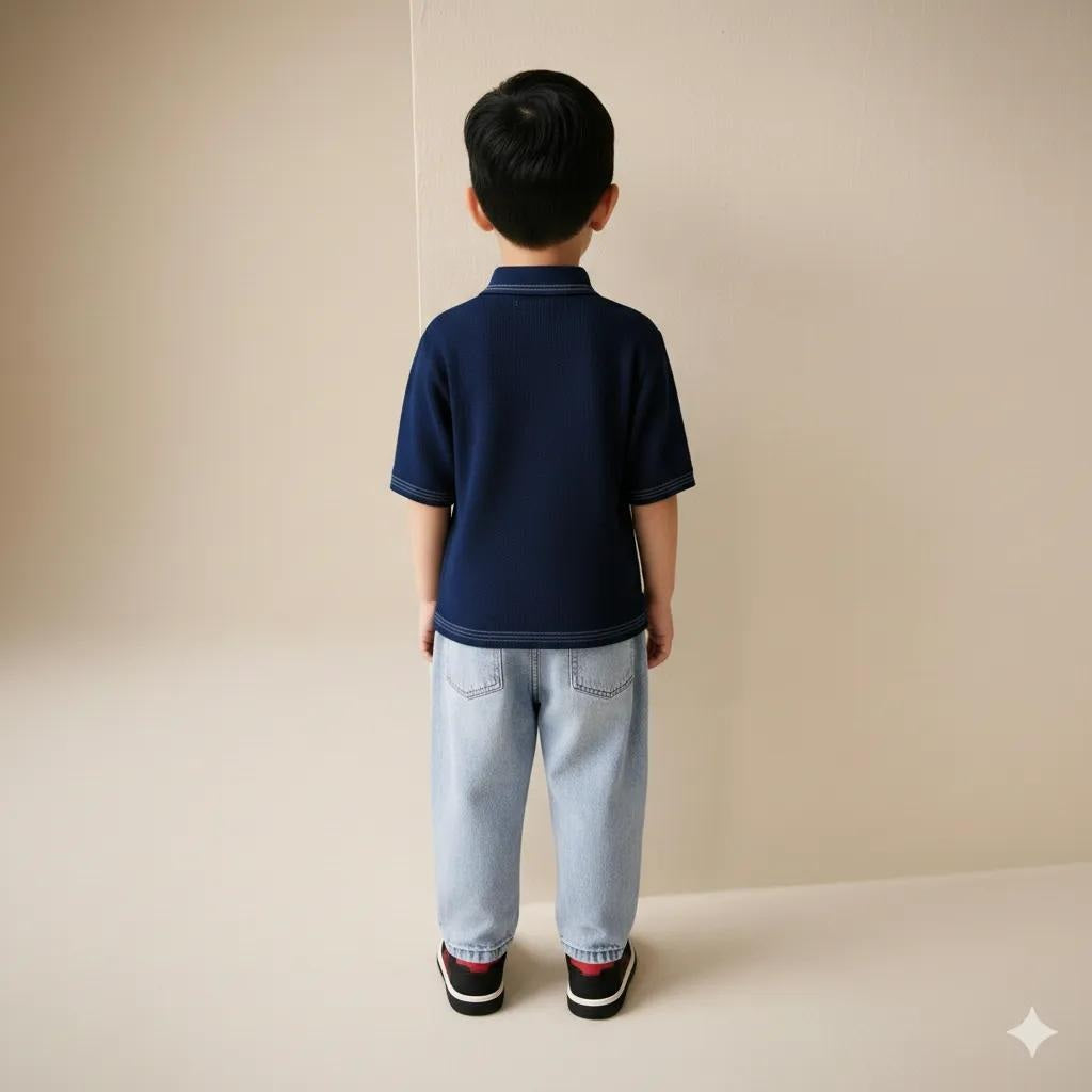 Boy Dark Navy Solid Polo Neck T-Shirt