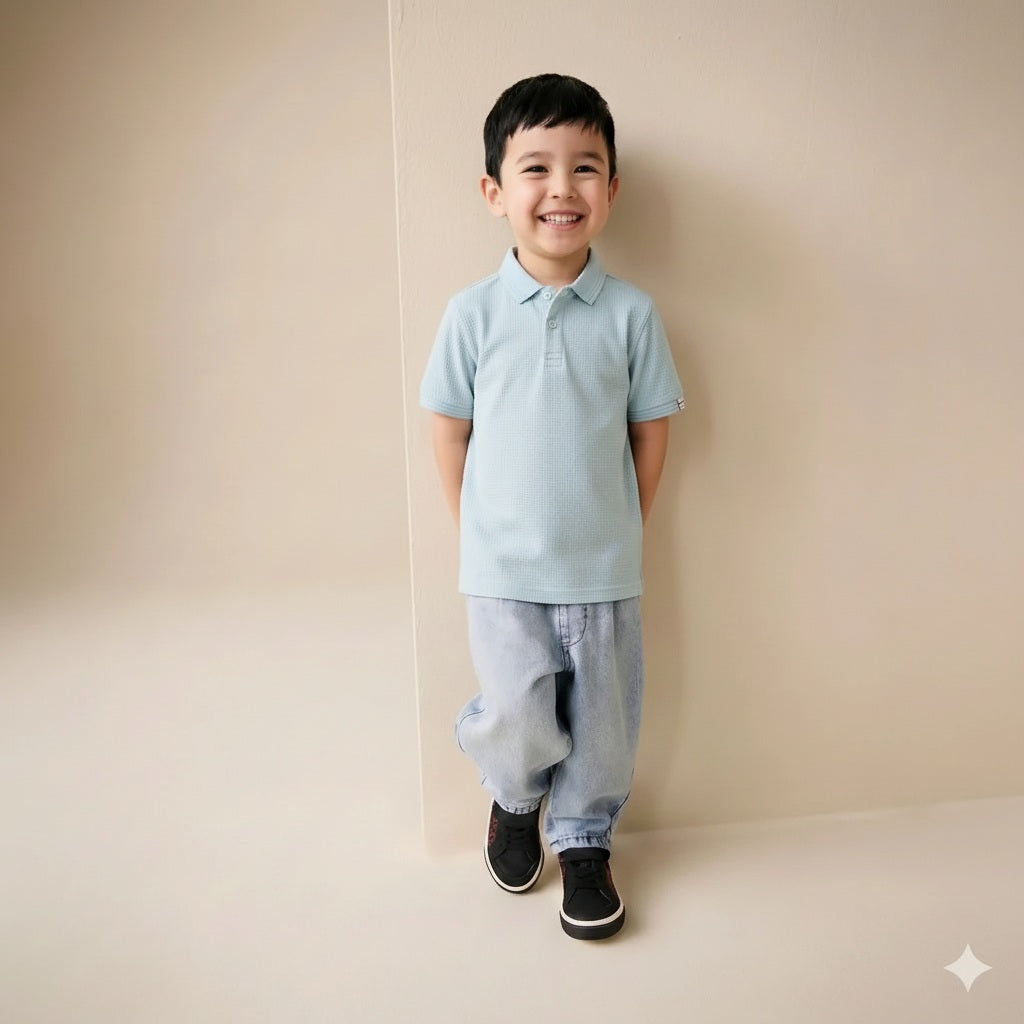 Boy Delicate Blue Solid Polo Neck T-Shirt