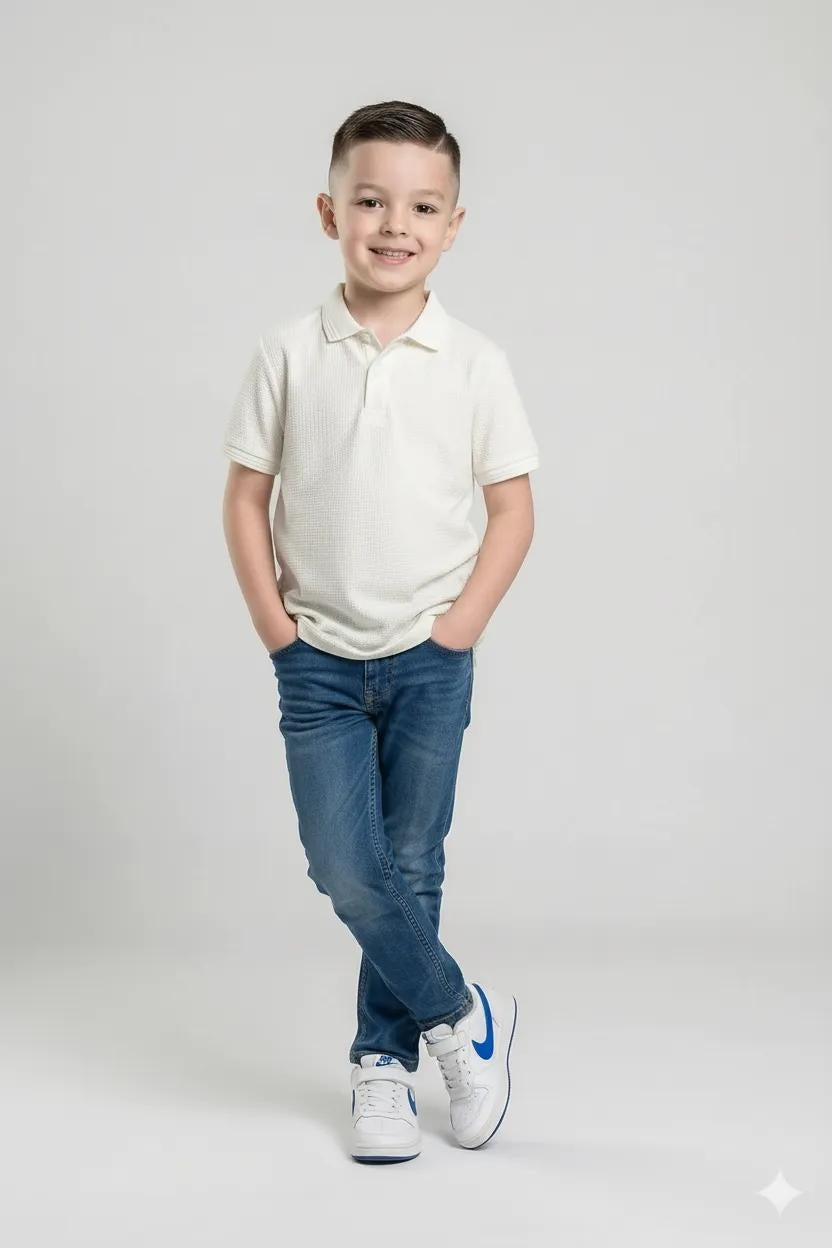 Octave Off White Boys Solid Polo Collar Cotton Tshirts