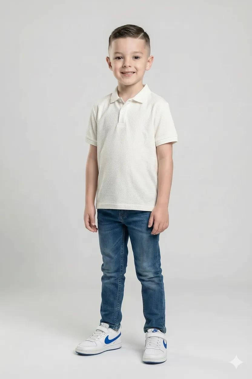 Octave Off White Boys Solid Polo Collar Cotton Tshirts