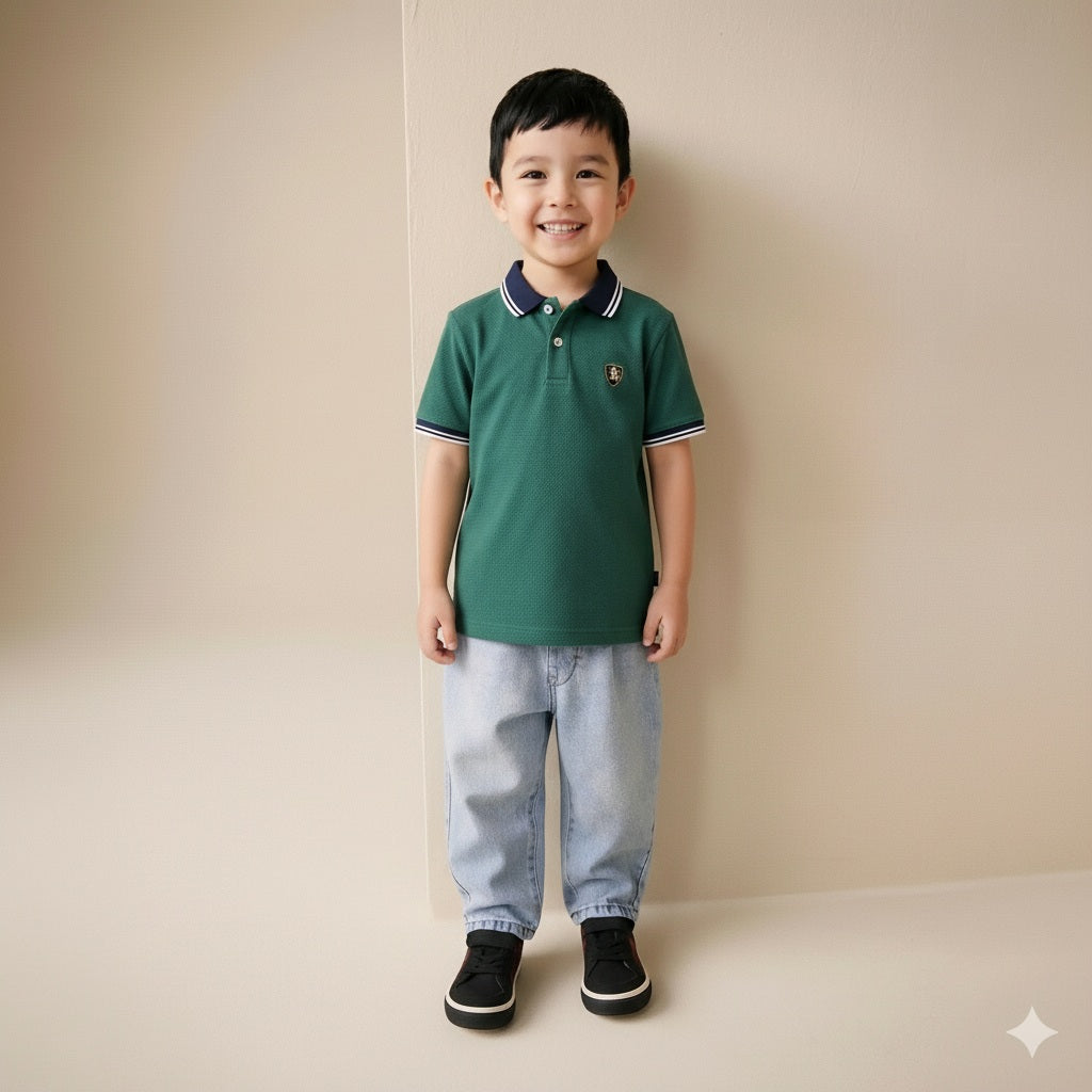 Boy Bottle Green Solid Polo Neck T-Shirt
