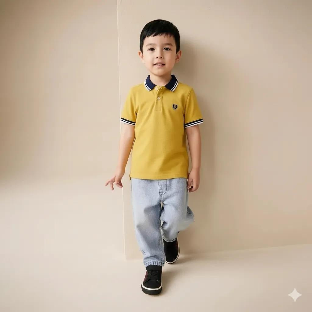 Boy Mustard Solid Polo Neck T-Shirt