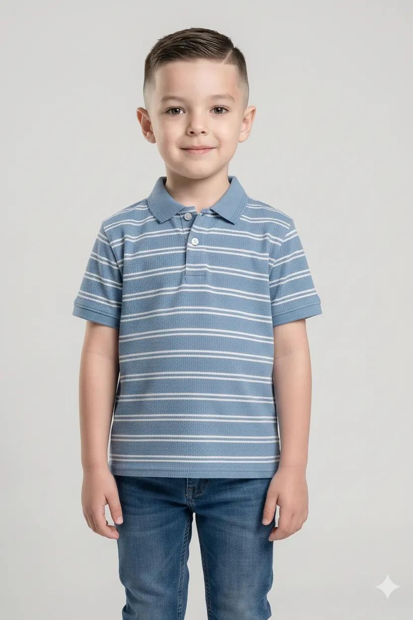 Boys Oxford Blue Striped Polo Collar T-shirt